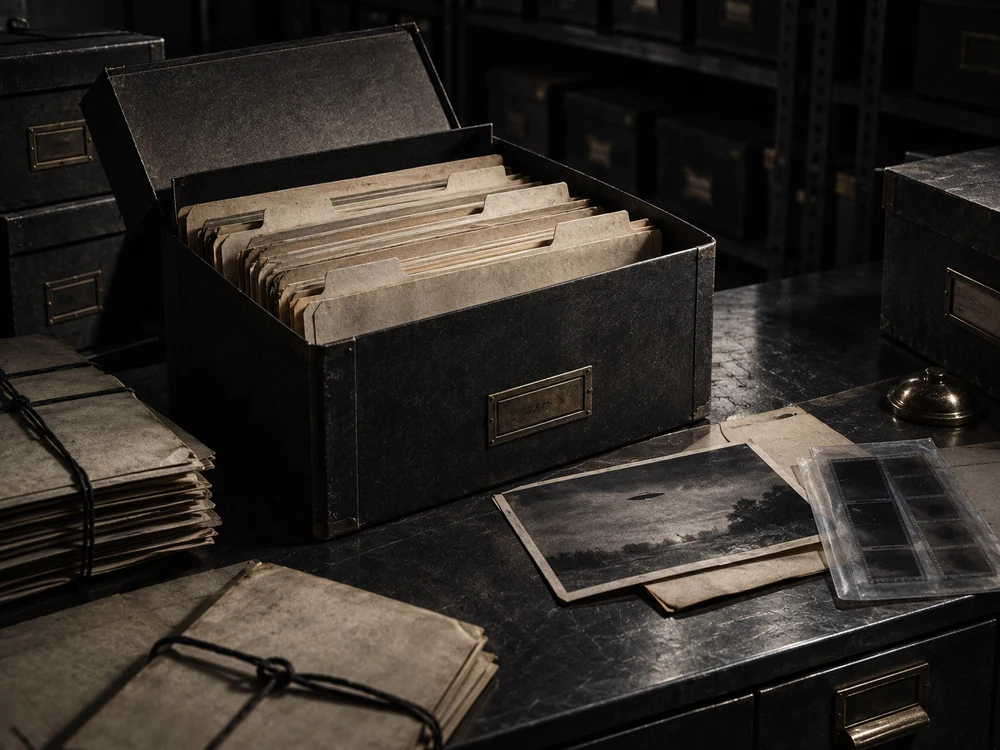 ALIENZ illustration of an archive box and preserved dossiers.