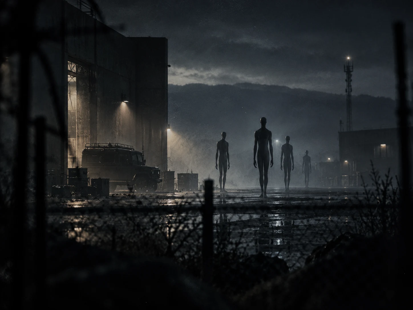 ALIENZ cinematic artwork of humanoid silhouettes emerging through the mist of an industrial site.